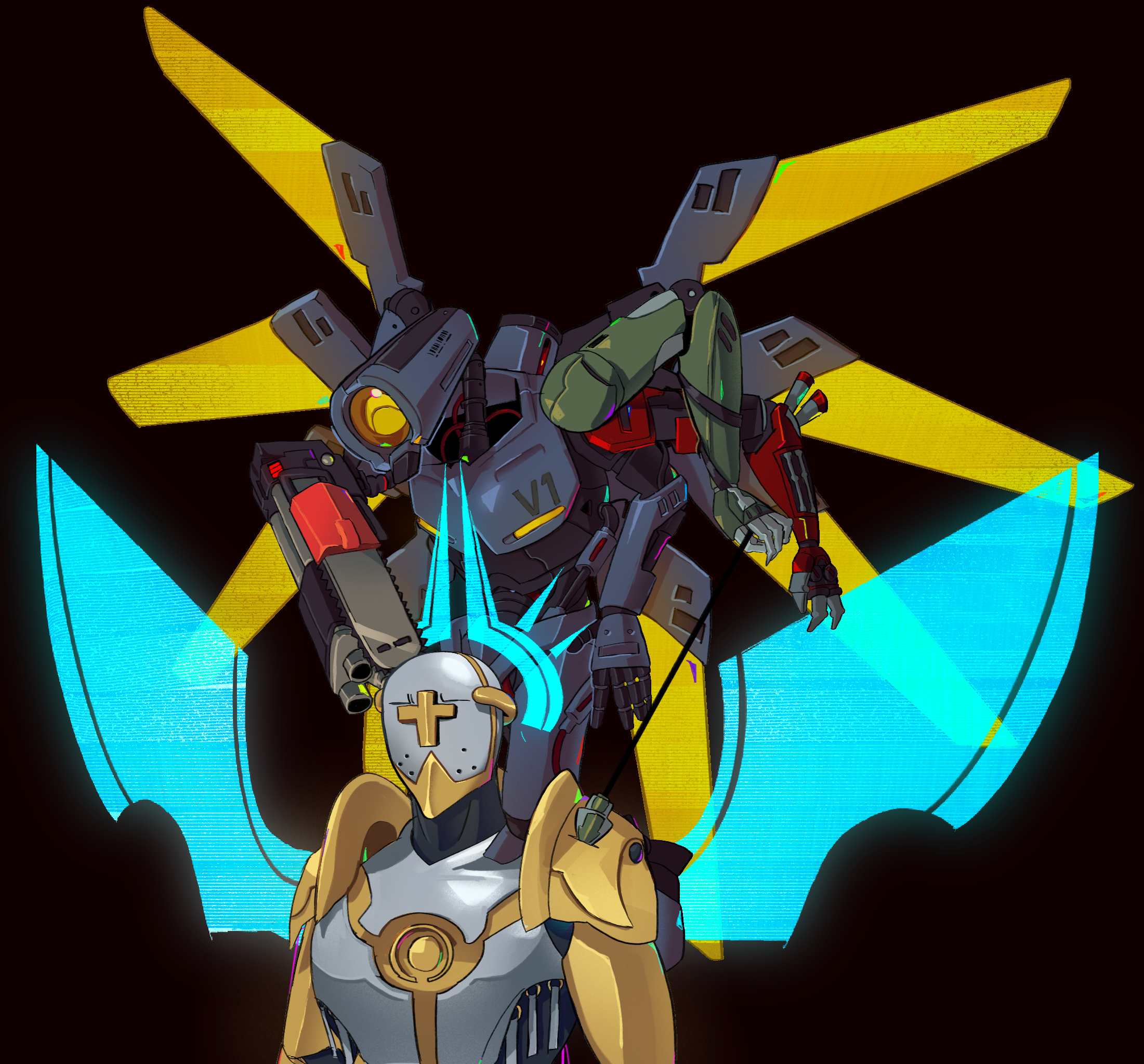 A drawing of V1 perched on Gabriel's shoulders and holding a chainsaw to his head.