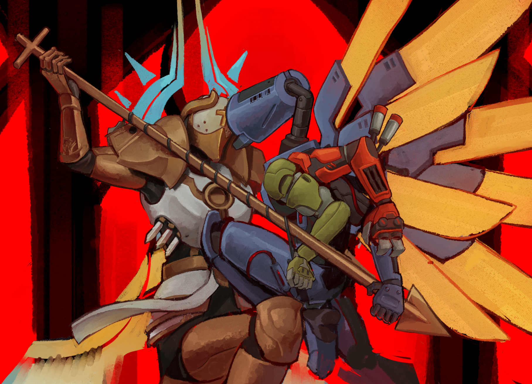 A drawing of v1 and Gabriel sparring dramatically.