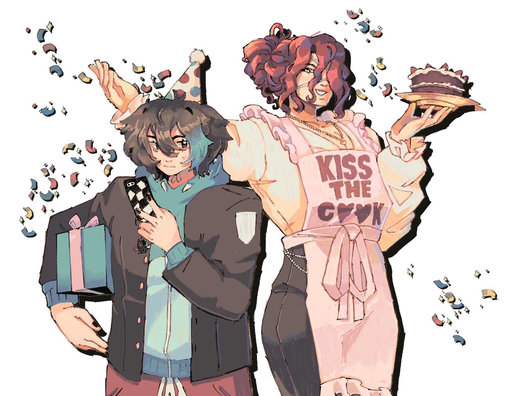 A drawing of two Danganronpa OCs celebrating a birthday.