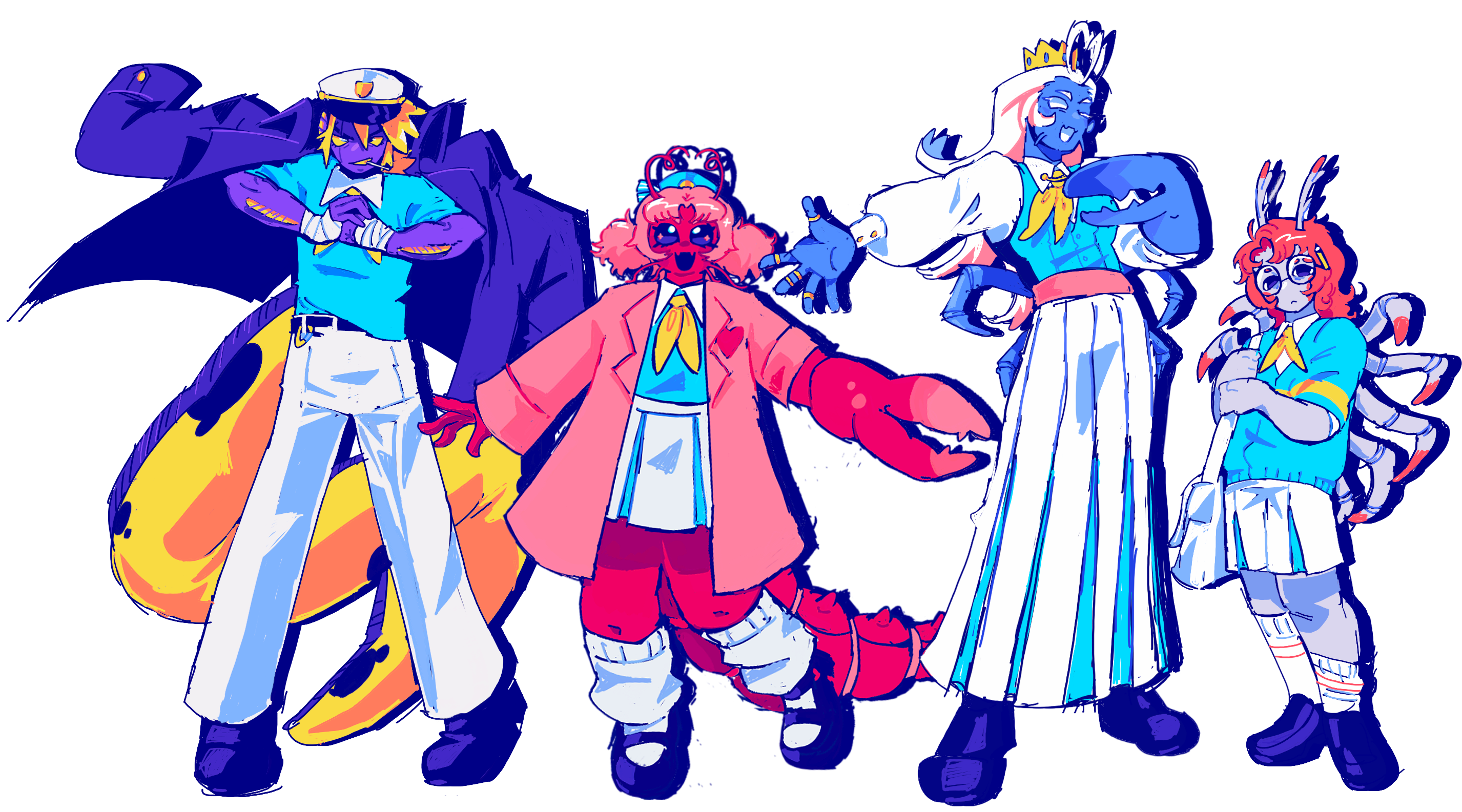 A reference image of Eelia, Clawdia, Ed, and Krillian.