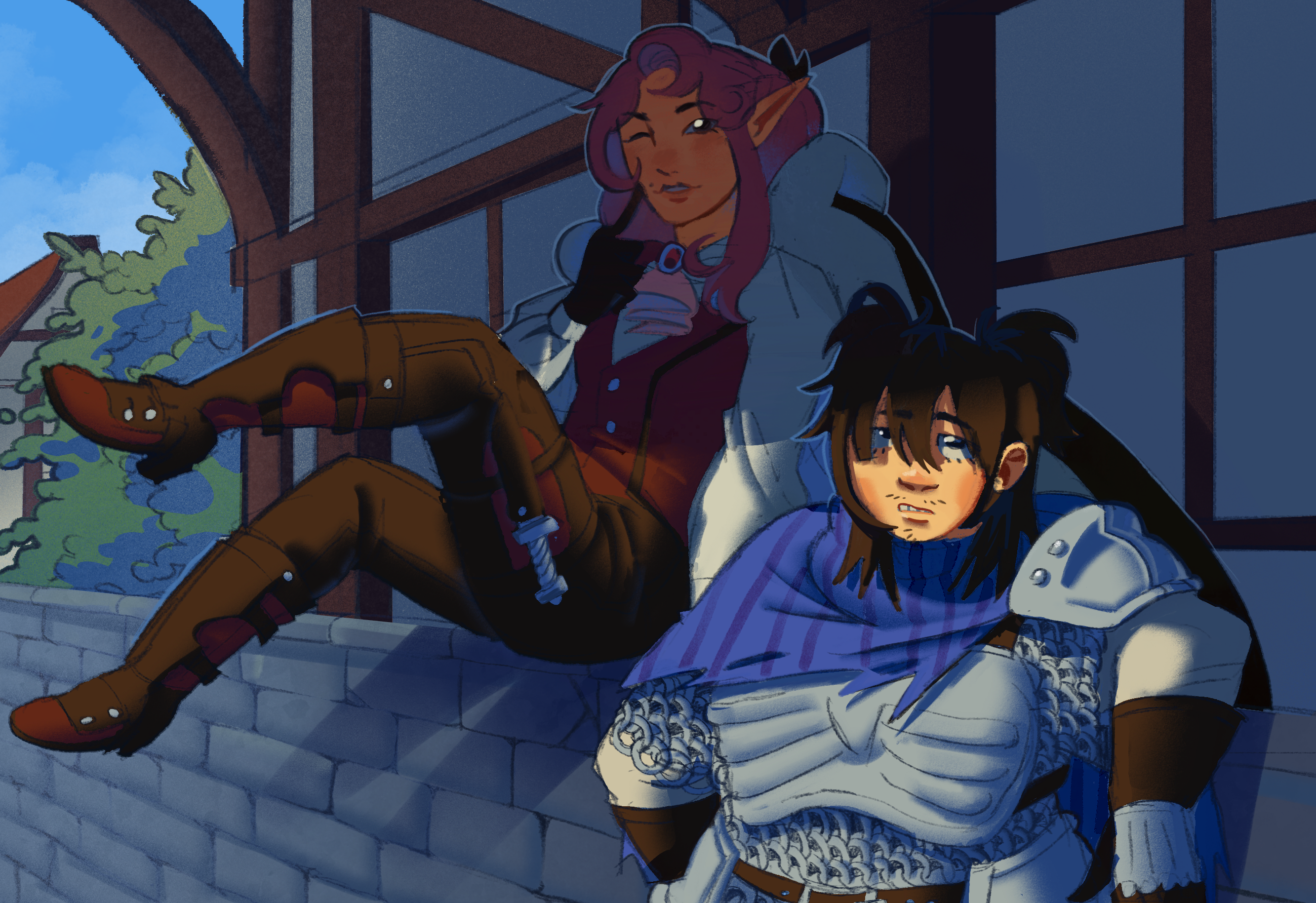 A drawing of Florin and Penny as D&D characters. Florin as an elf and Penny is a dwarf.