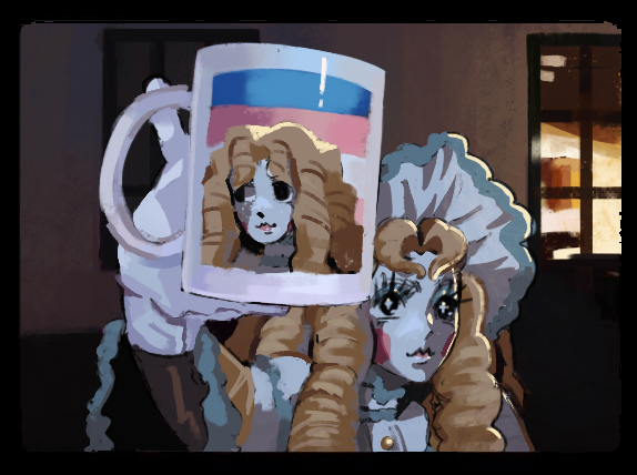 A drawing of Talent holding up a mug with herself infront of a transgender flag printed on it.