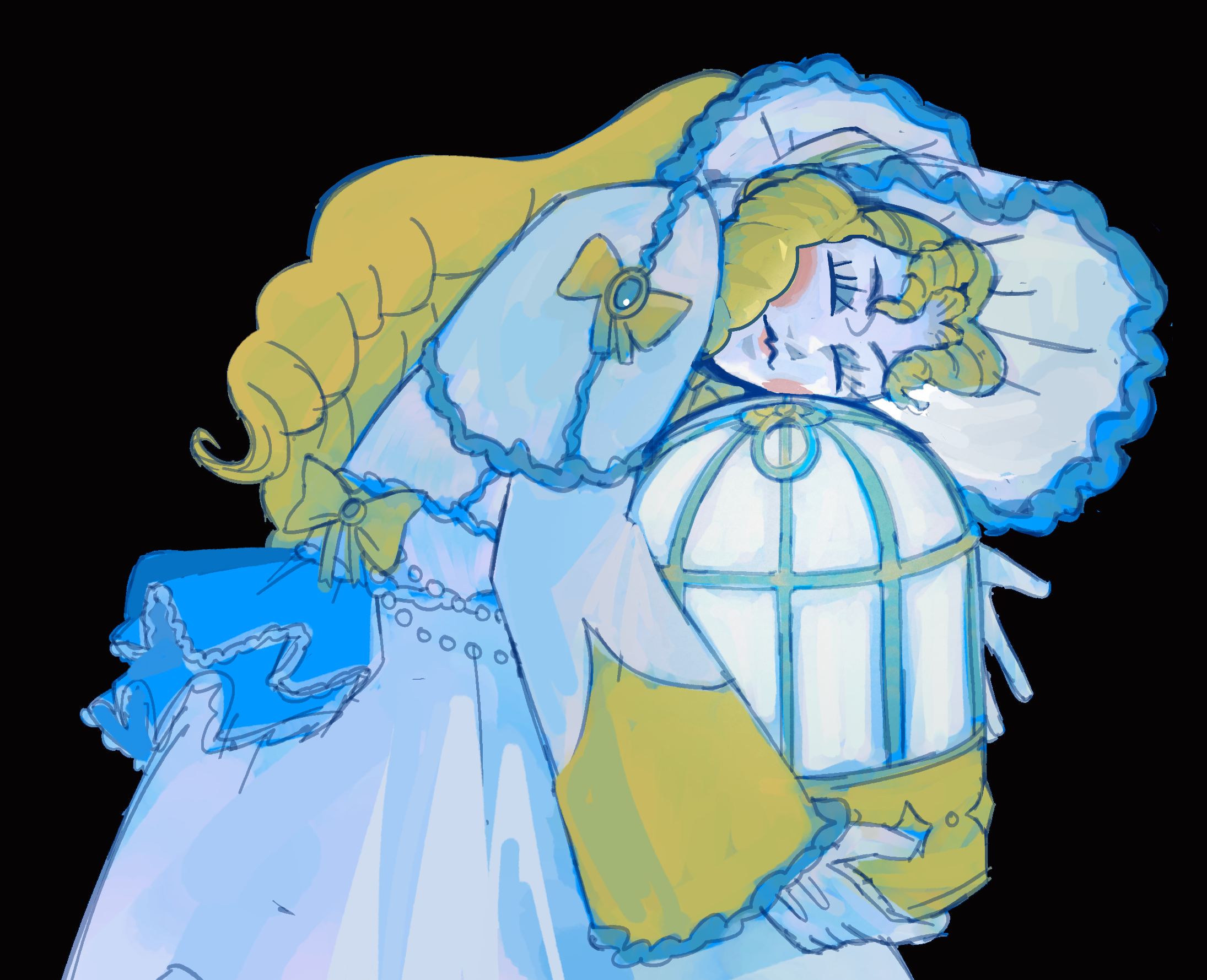 A drawing of Talent cradling a birdcage in its arms.