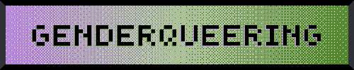 a purple and green rectangular banner reading 'genderqueering'.