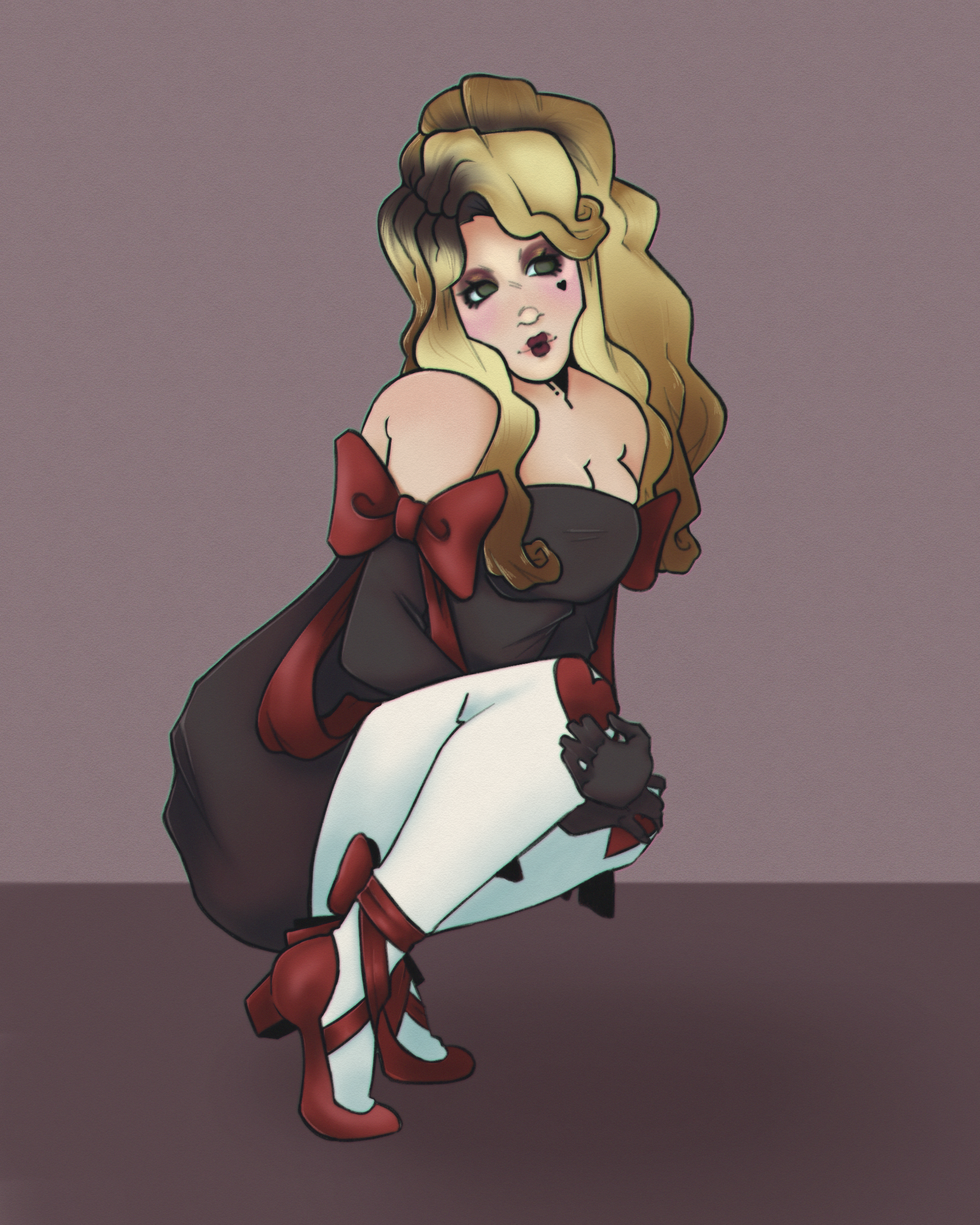 A woman with bleached blond hair crouches in the black dress and full length gloves with bows on the hem. She gazes to her left pensively, and is very pretty.