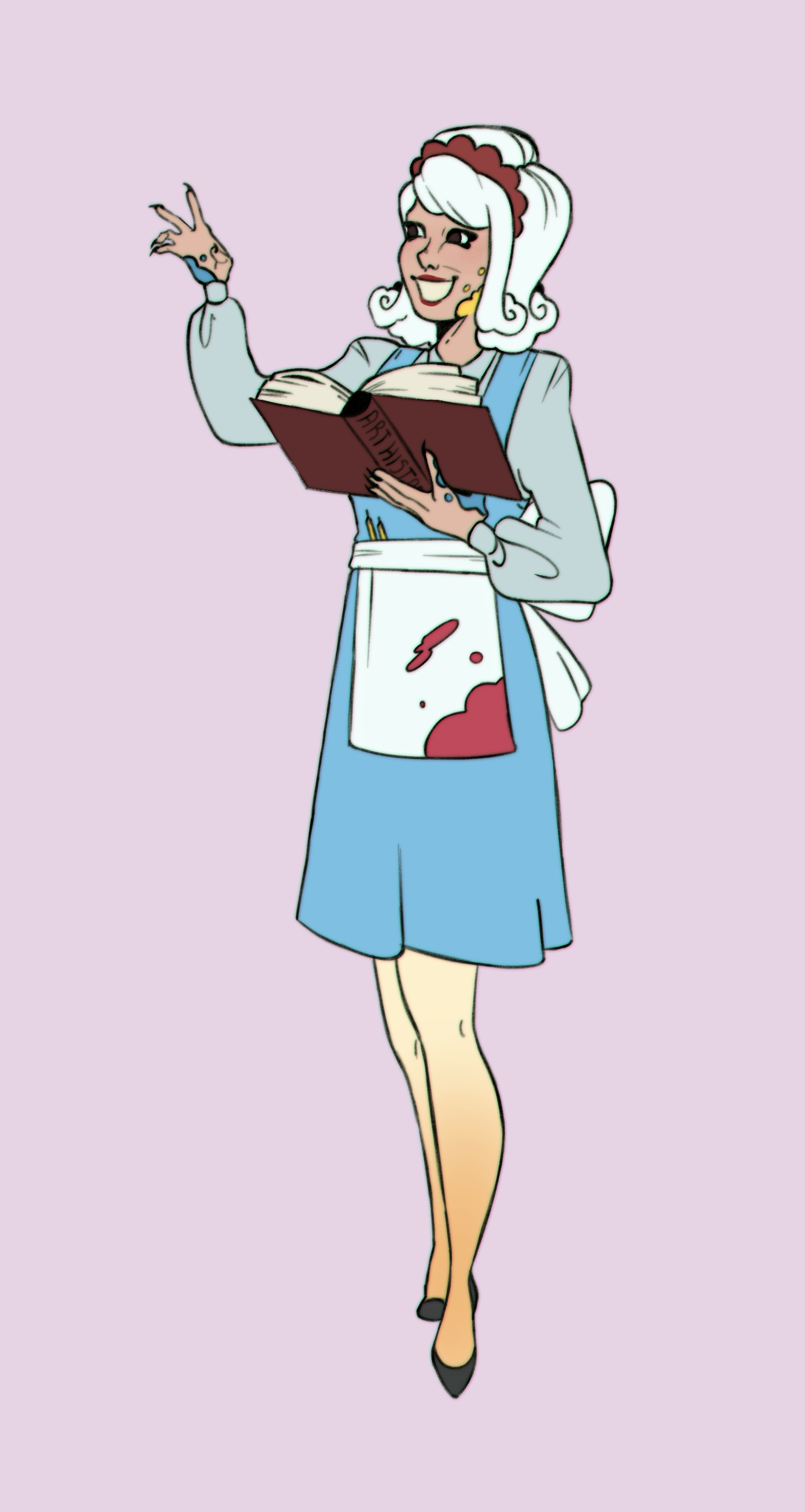A white haired woman with a red headband resembling a cockscomb. She is wearing a blue dress with a white apron. She is covered in paint splatters and holding an art history textbook.