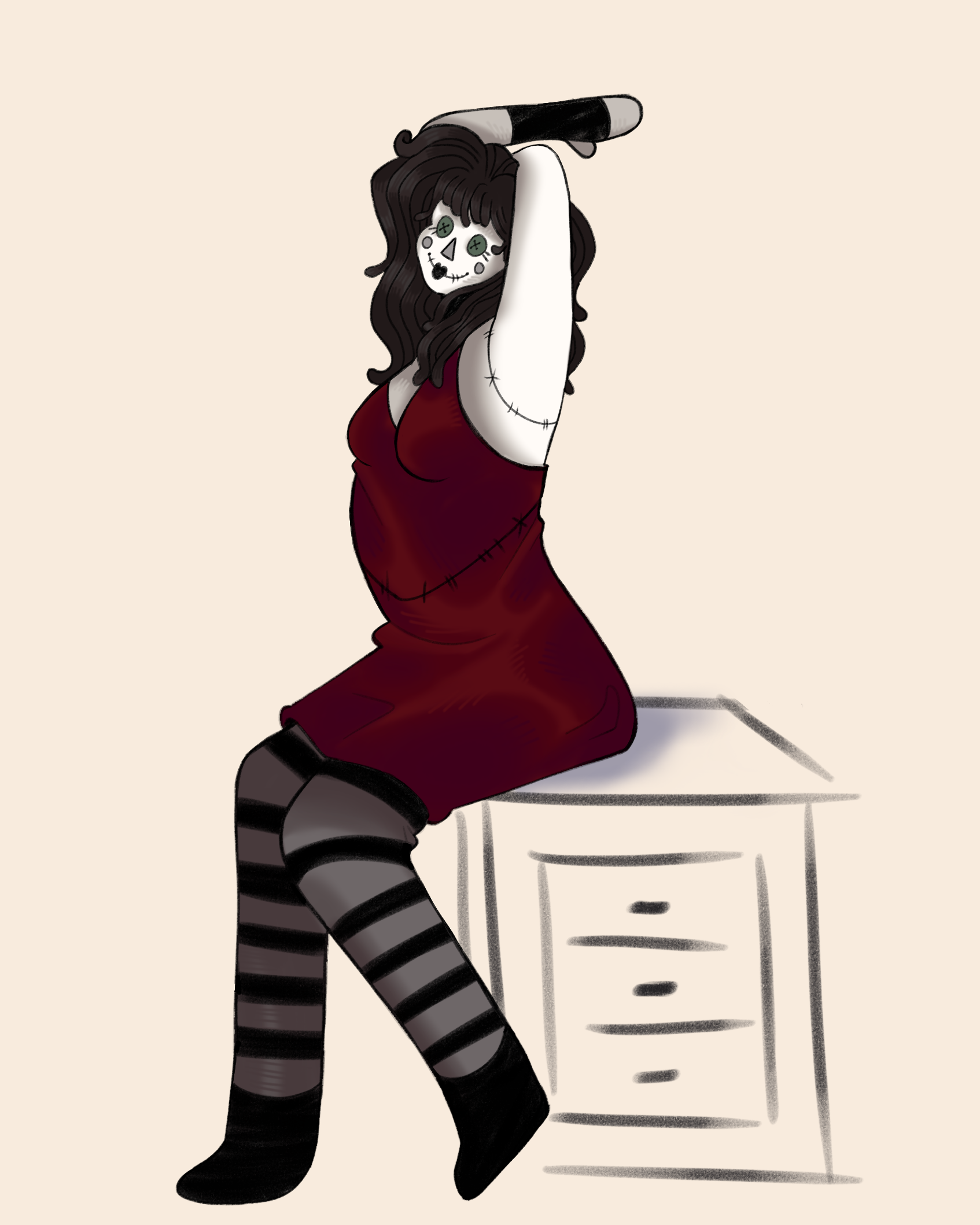 A goth ragdoll with black yarn hair poses with her hands abover her head. She is sitting on a nightstand in a red dress and grey and black striped stockings.