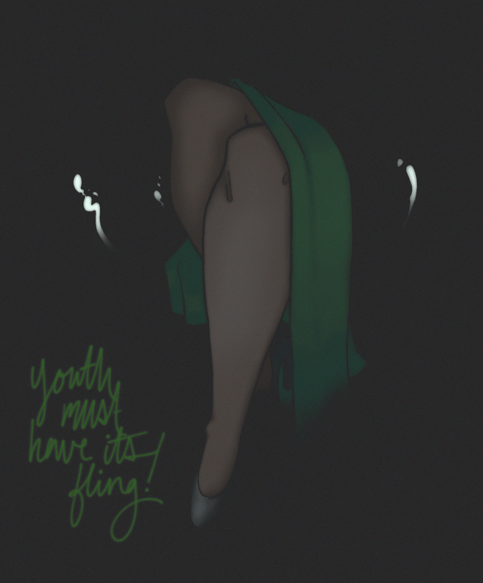 Lady Geist's legs crossed. The rest of her body is not visible. Cursive text reads, YOUTH MUST HAVE ITS FLING! 