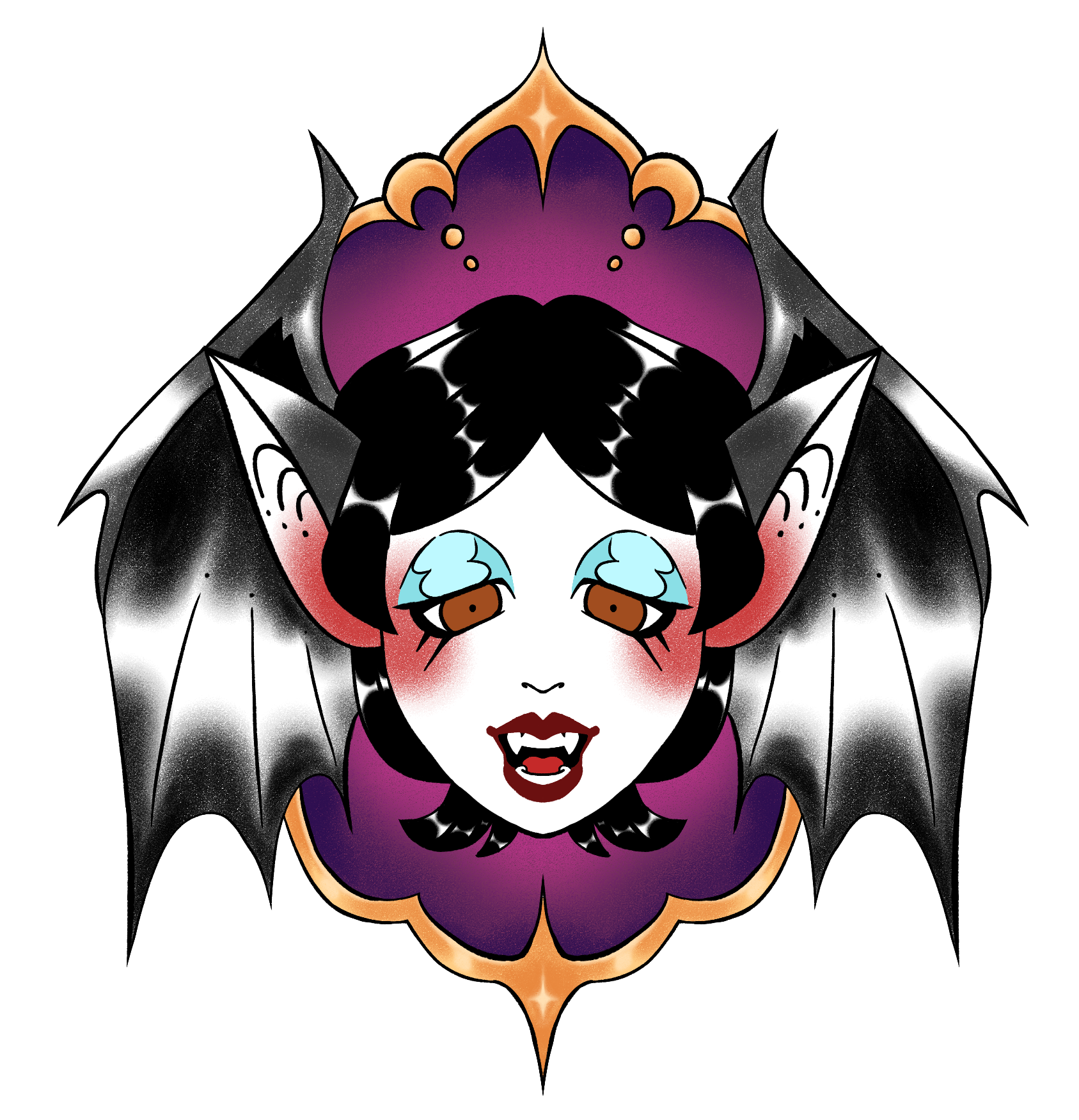 A traditional tattoo style drawing of a vampire head in front of a moon themed frame. She has bat ears and wings framing the sides of her head. 