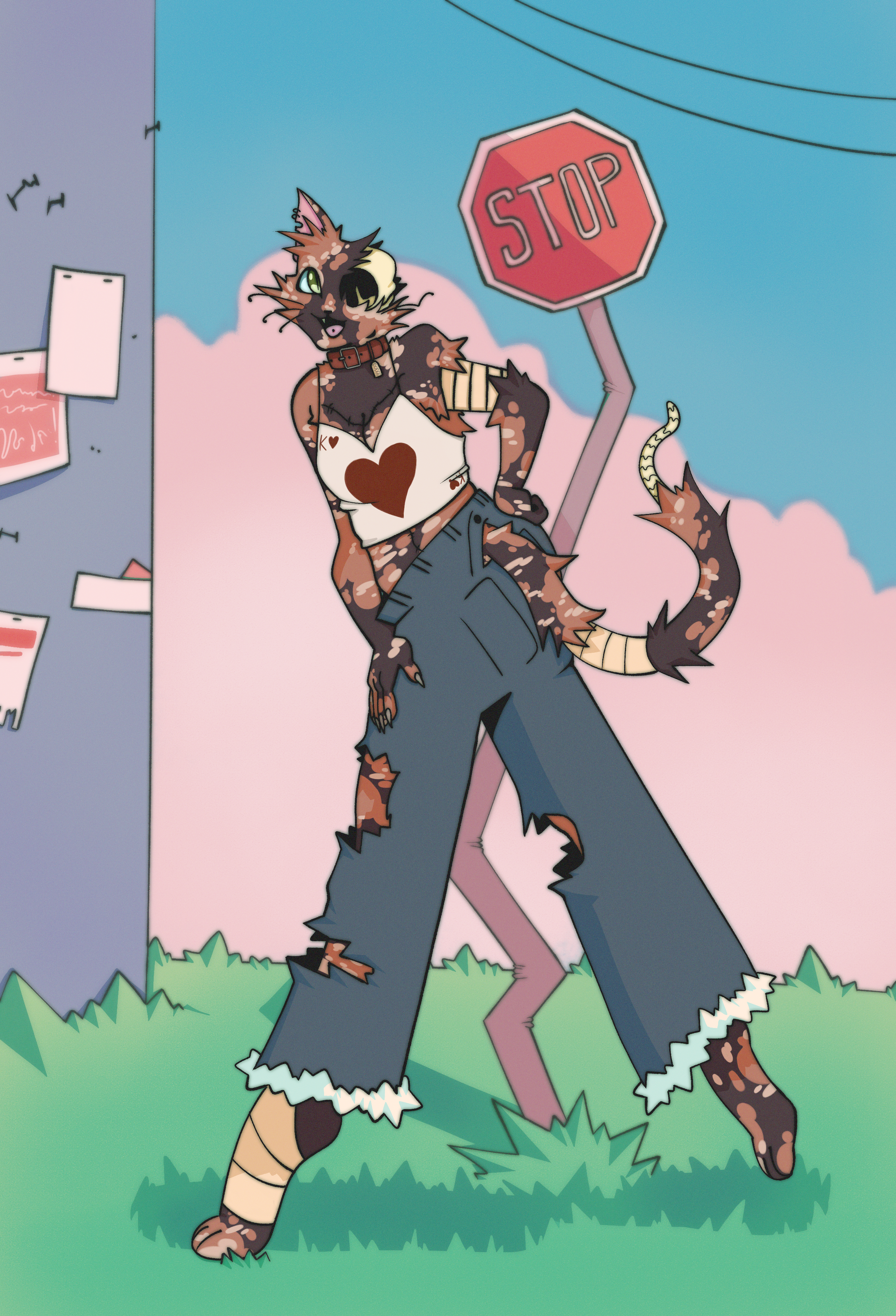 Dodge, an undead anthropomorphic tortoiseshell cat, poses with a on their hip in front of a stop sign. Their autopsy scar is visible.
