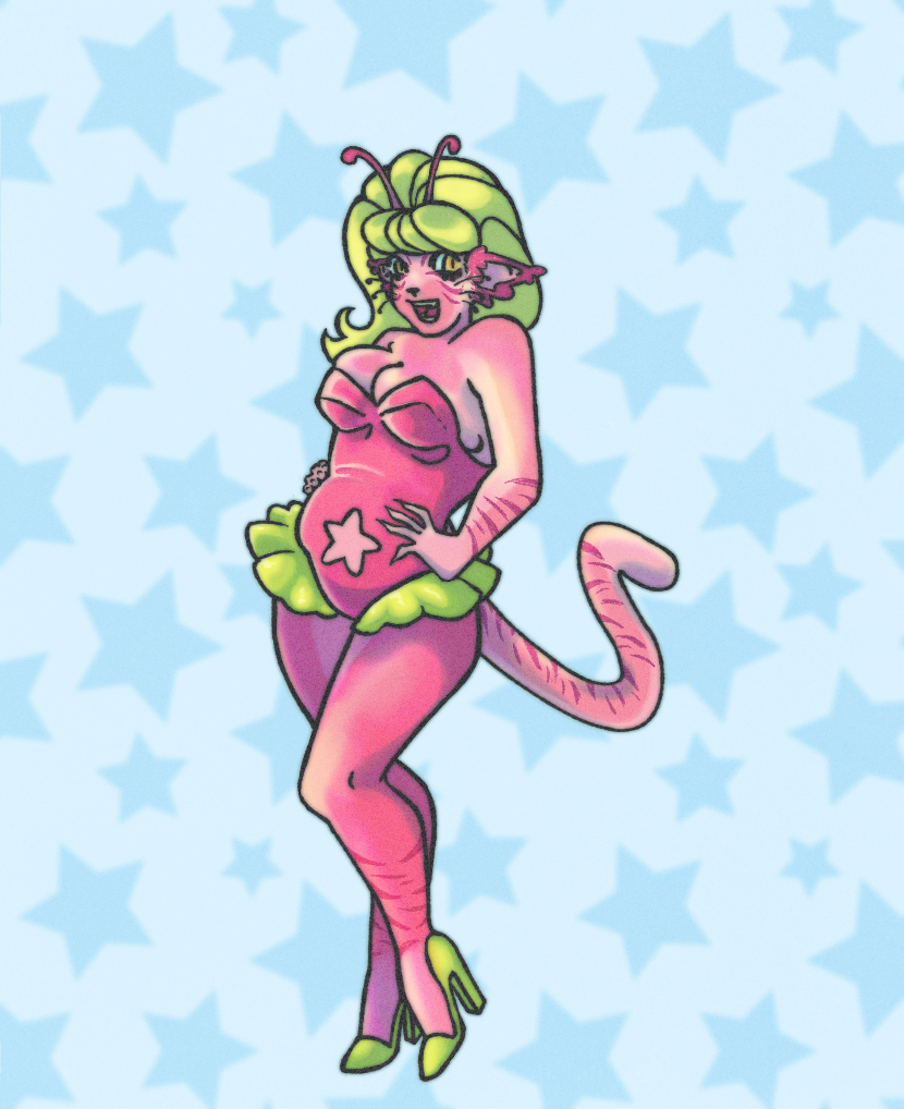 A pink skinned alien girl with tiger like stripes, a tail, and fluffy ears. She has largely styled green hair and a pink, shiny leotard with green ruffles and heels. There is a star cut out of the belly of her leotard, exposing her bare stomach. She is smiling happily while striking a pose with her hands on her hips.