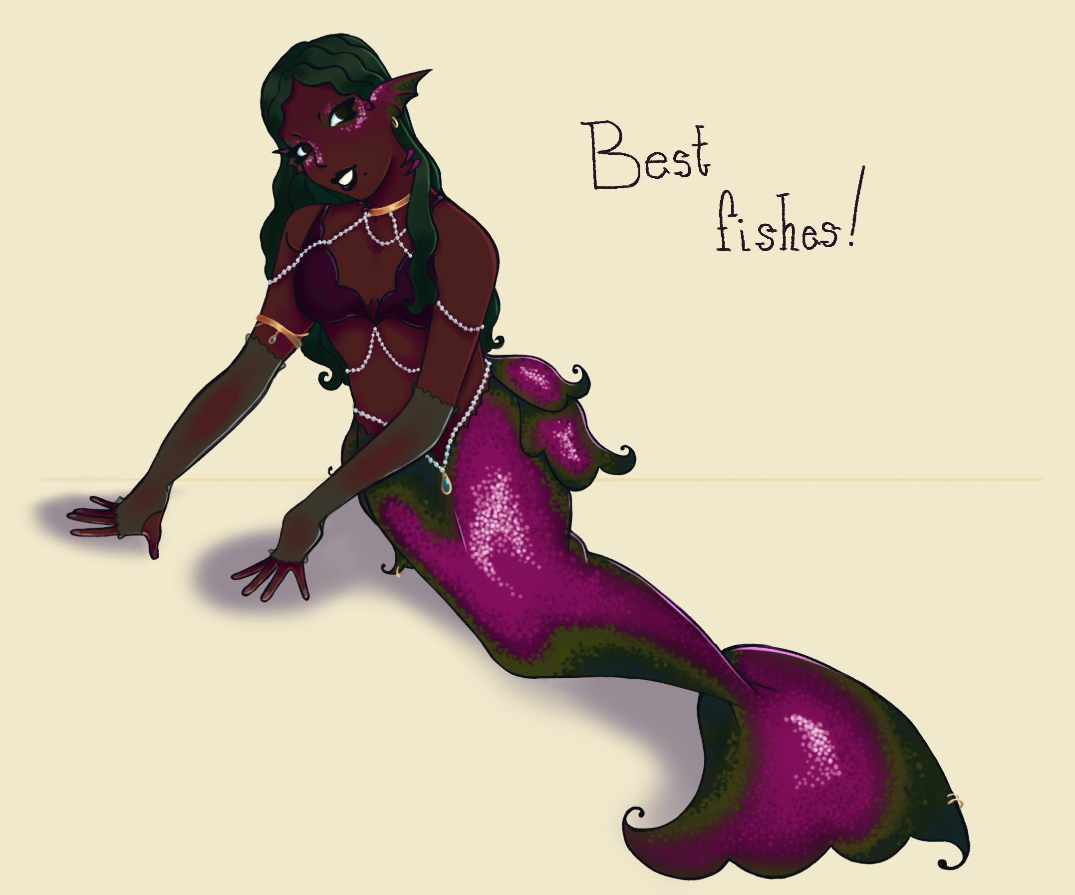 A dark skinned Black mermaid lounging. Her tail is an iridescent green and purple. She is wearing golden and pearl jewelry with a purple bikini top. Text next to her reads BEST FISHES!