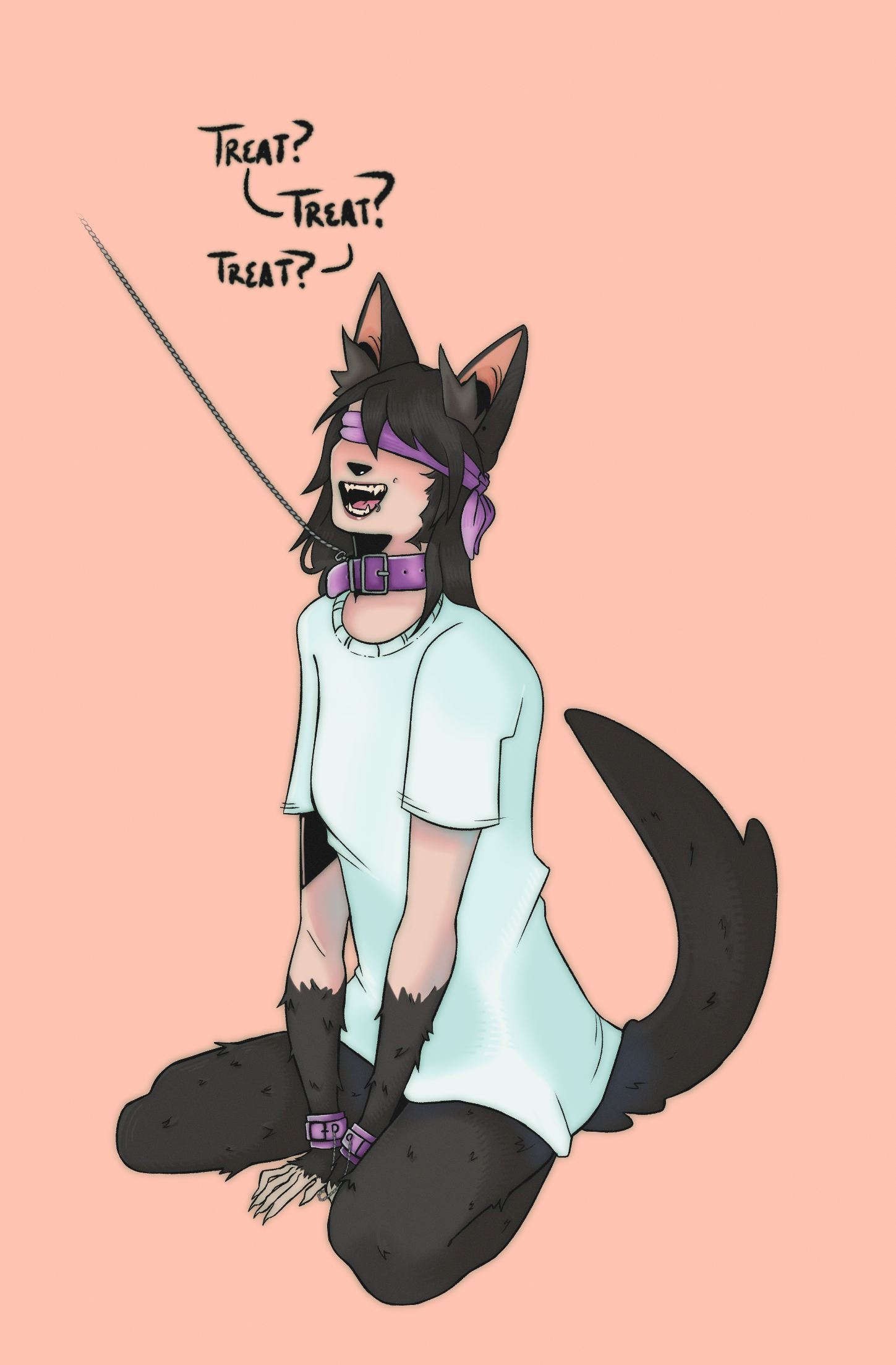 A fair skinned werewolf with black fur and hair. They are begging on their knees for a treat in a lilac collar and cuffs. They are blindfolded.