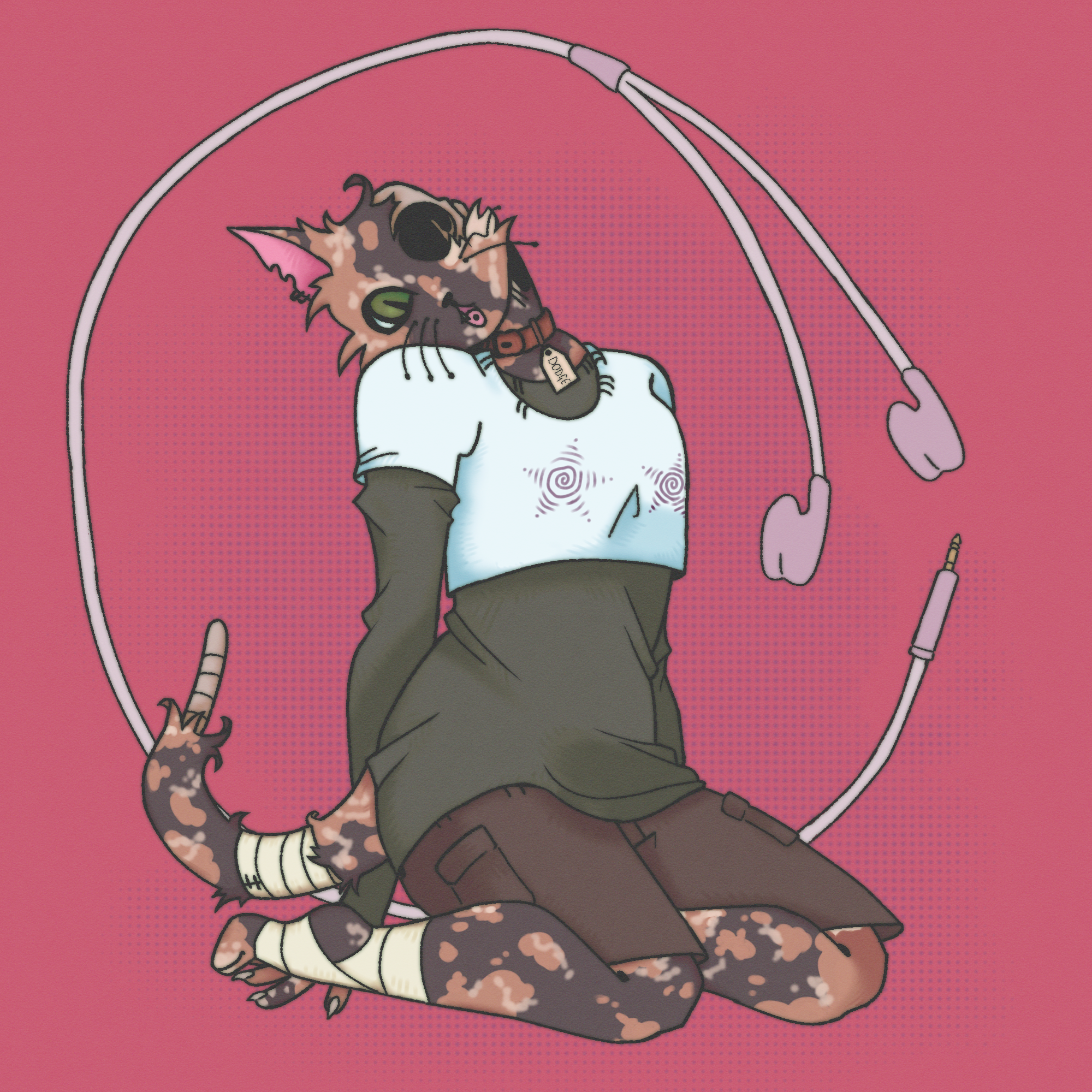Dodge, an undead tortoiseshell cat, on their knees, playfully gasping at the viewer. The left side of their head has decayed to a skull, and the tip of their tail is also bone. A pair of lavender earbuds curl around them in the background.