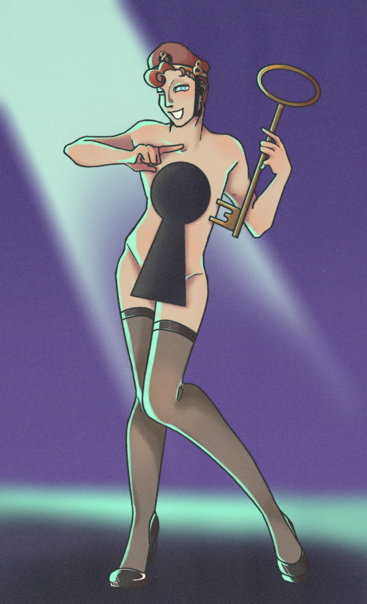 Doorman posing coyly with a large bronze key. He is naked except for his hat, and a pair of stockings and heels. His torso and crotch is covered by a keyhole.