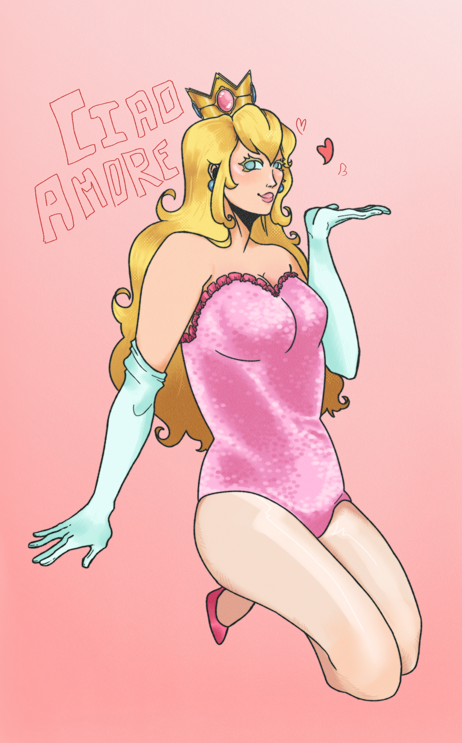 Princess Peach in a pink, glittery teddy. She is blowing a kiss to her right at an unseen figure. Text behind her reads, CIAO AMORE.