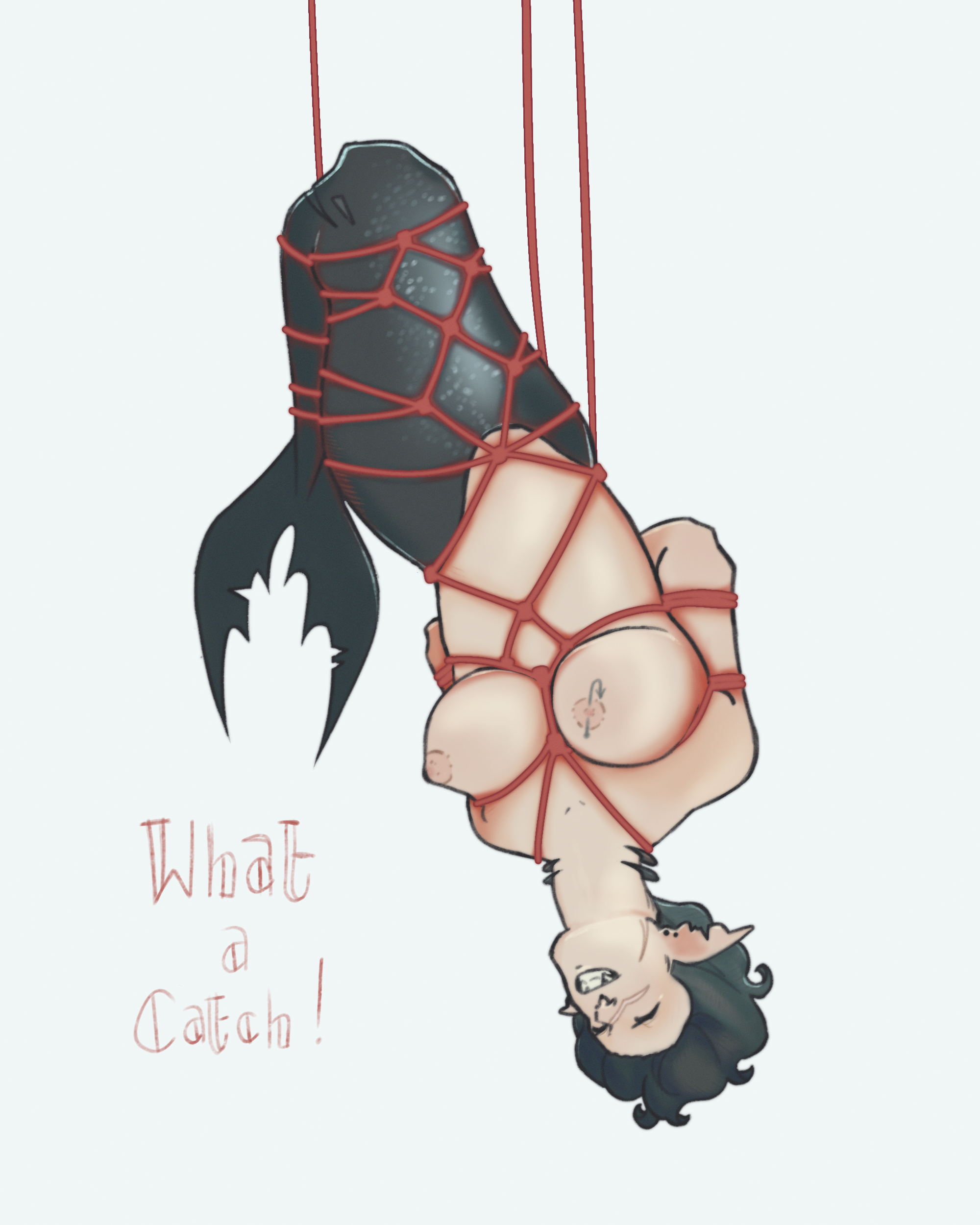 A pale mermaid with a black tail and short black hair. They are smiling and bound in red shibari upside down. The have scars on their face and tail. Their left nipple is pierced by a fish hook. Text reads WHAT A CATCH!