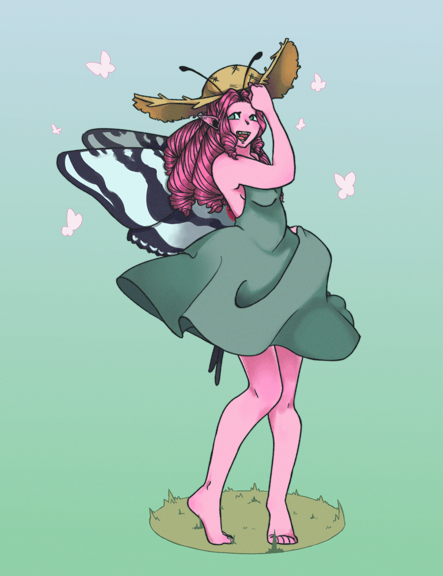 A pink skinned fairy wearing a straw hat and green dress smiles while wind whips her dress and hair around. Her hair is a darker pink than her skin and falls in thick barrel curls. She has wings that look like a zebra swallowtail.