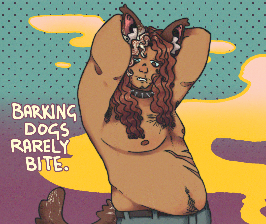 A fat, muscular werewolf with wavy red hair looks downward while stretching his arms behind his head. He is shirtless and there are three claw mark scars across his stomach. He has another scar on his lip. Text in the image reads, BARKING DOGS RARELY BITE.