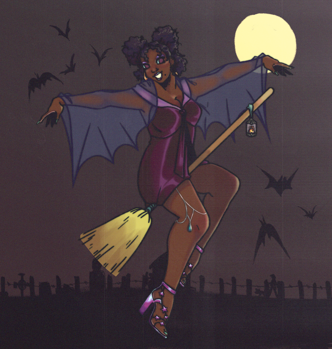 A  Black woman with two half up puffs poses on a broom flying through the night over a graveyard. Bats surround her while she smiles under the full moon in a silky dress and sheer bat winged shawl.
