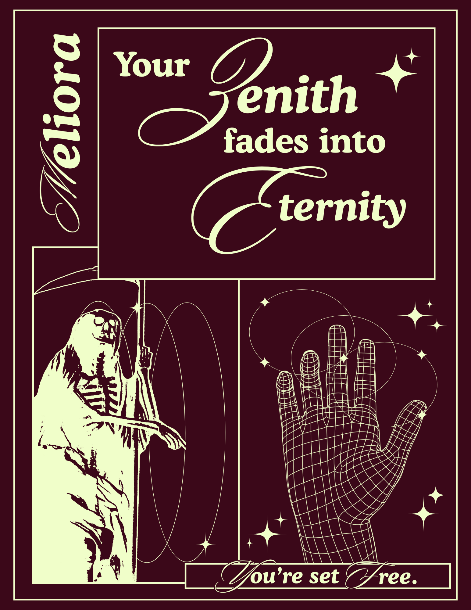 A graphic design piece with a grim reaper inspired by Zenith by Ghost.
