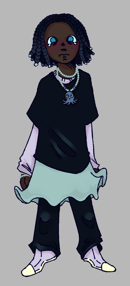 A design of Squid Ink Cookie as a human. They are a Black child with braids wearing beaded jewelry and a skirt over jeans.