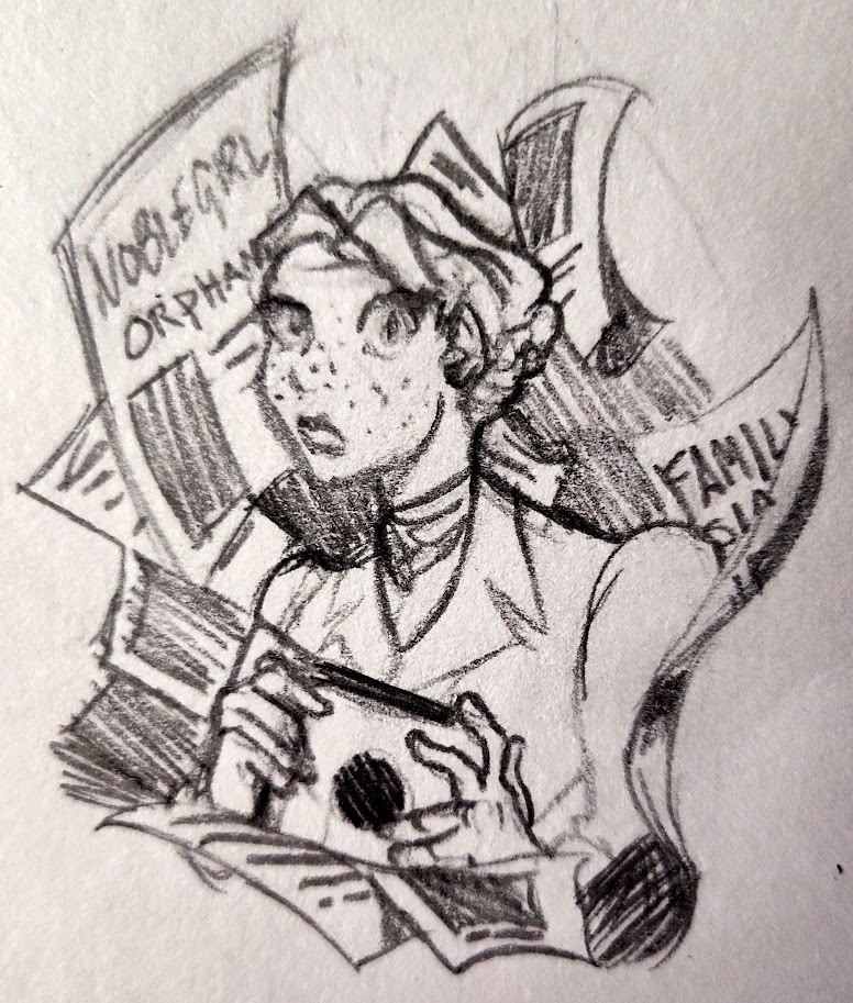 Dorothea surrounded by news articles while holding a camera.
