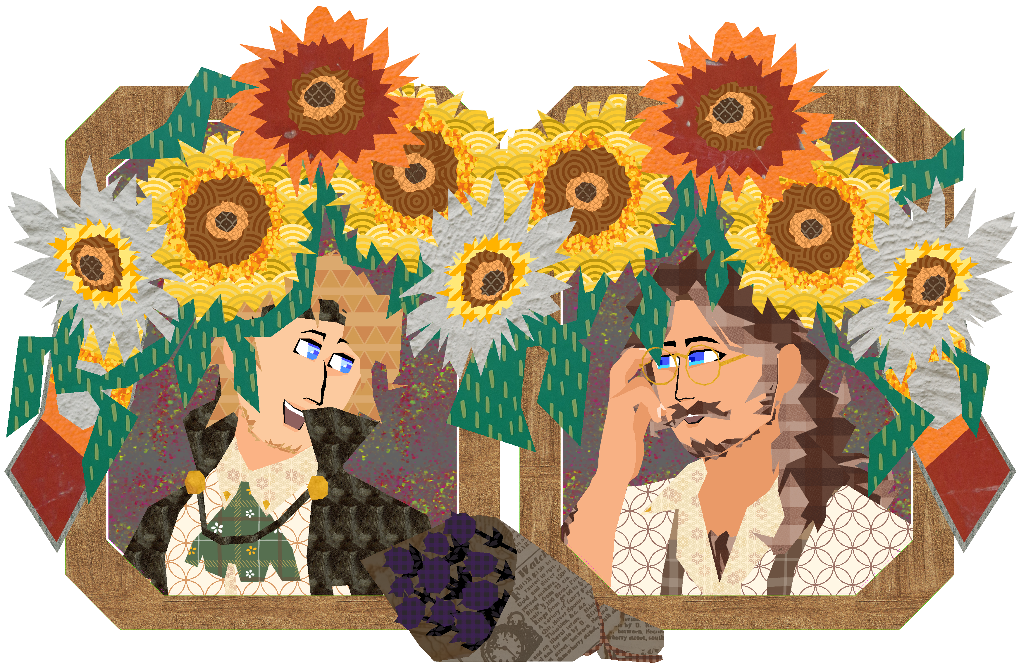 Art of 2 framed pictures of Martyn Woodhurst and Ren Dogmourne smiling at eachother. The frame is surrounded by sunflowers and lilacs.