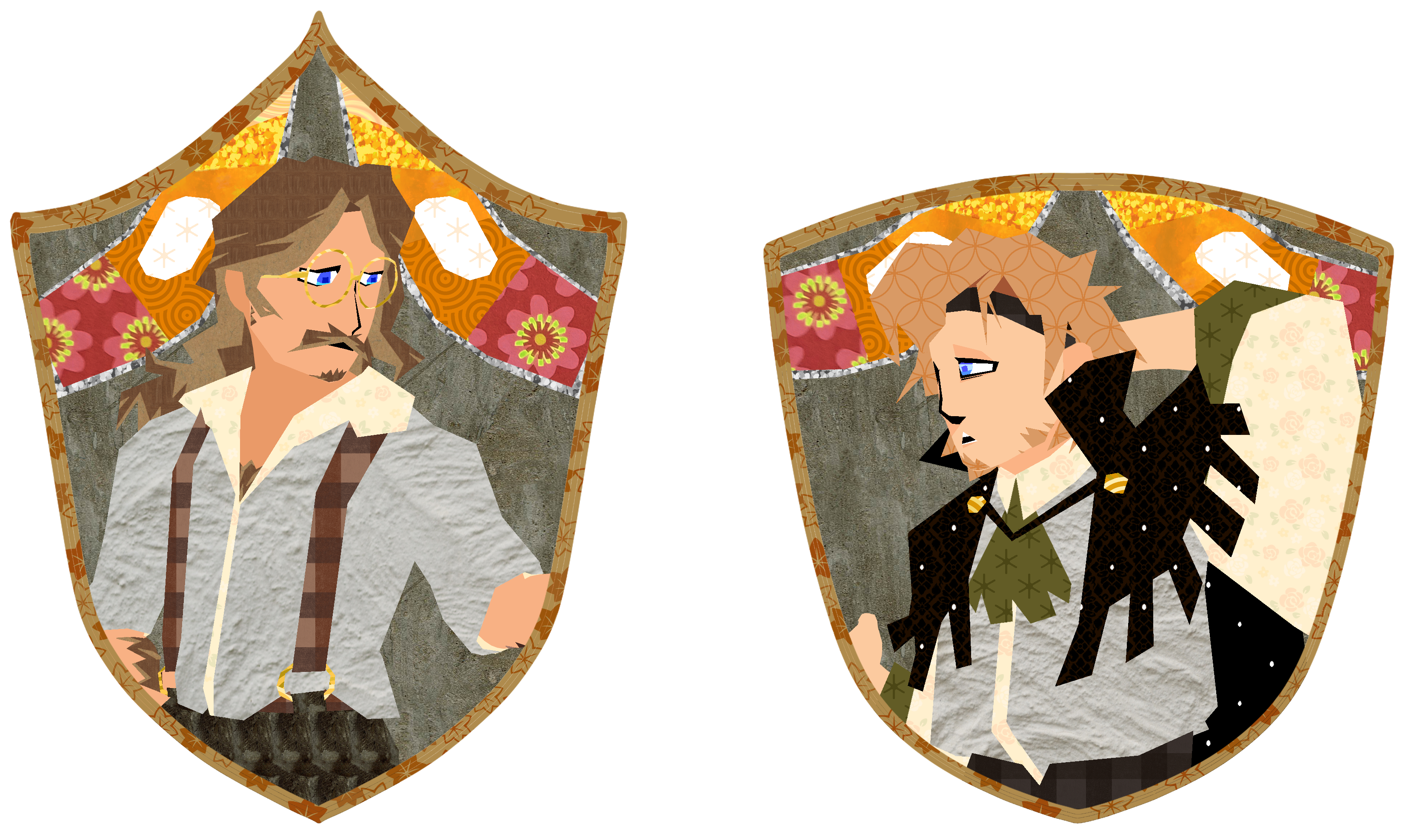 Art of 2 framed pictures of Martyn Woodhurst and Ren Dogmourne looking at eachother worried. The frames are shield-shaped.