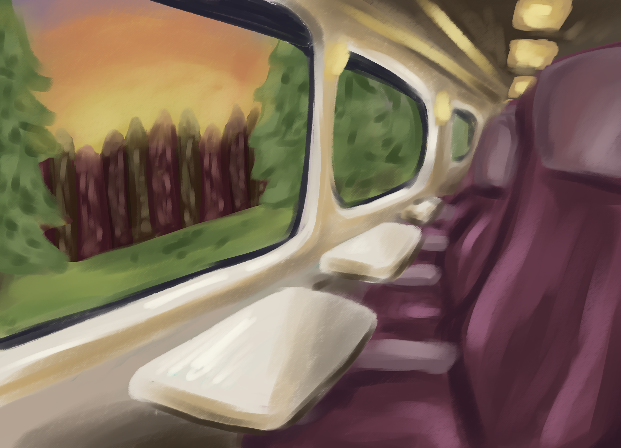 Painted art of a train carriage passing a wooden barrier in the woods.