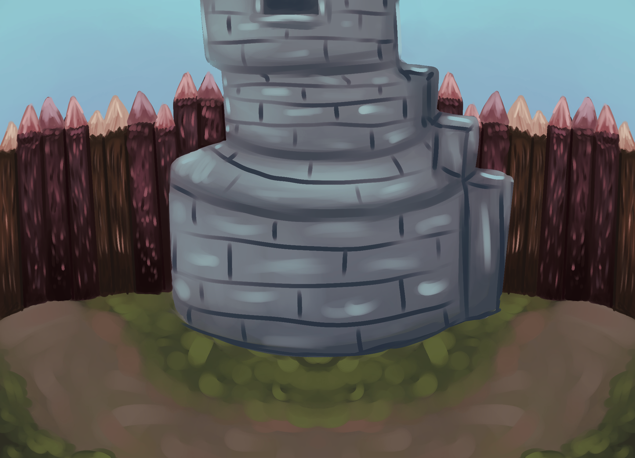 Painting of a tall reinforced tower in the center of a town.