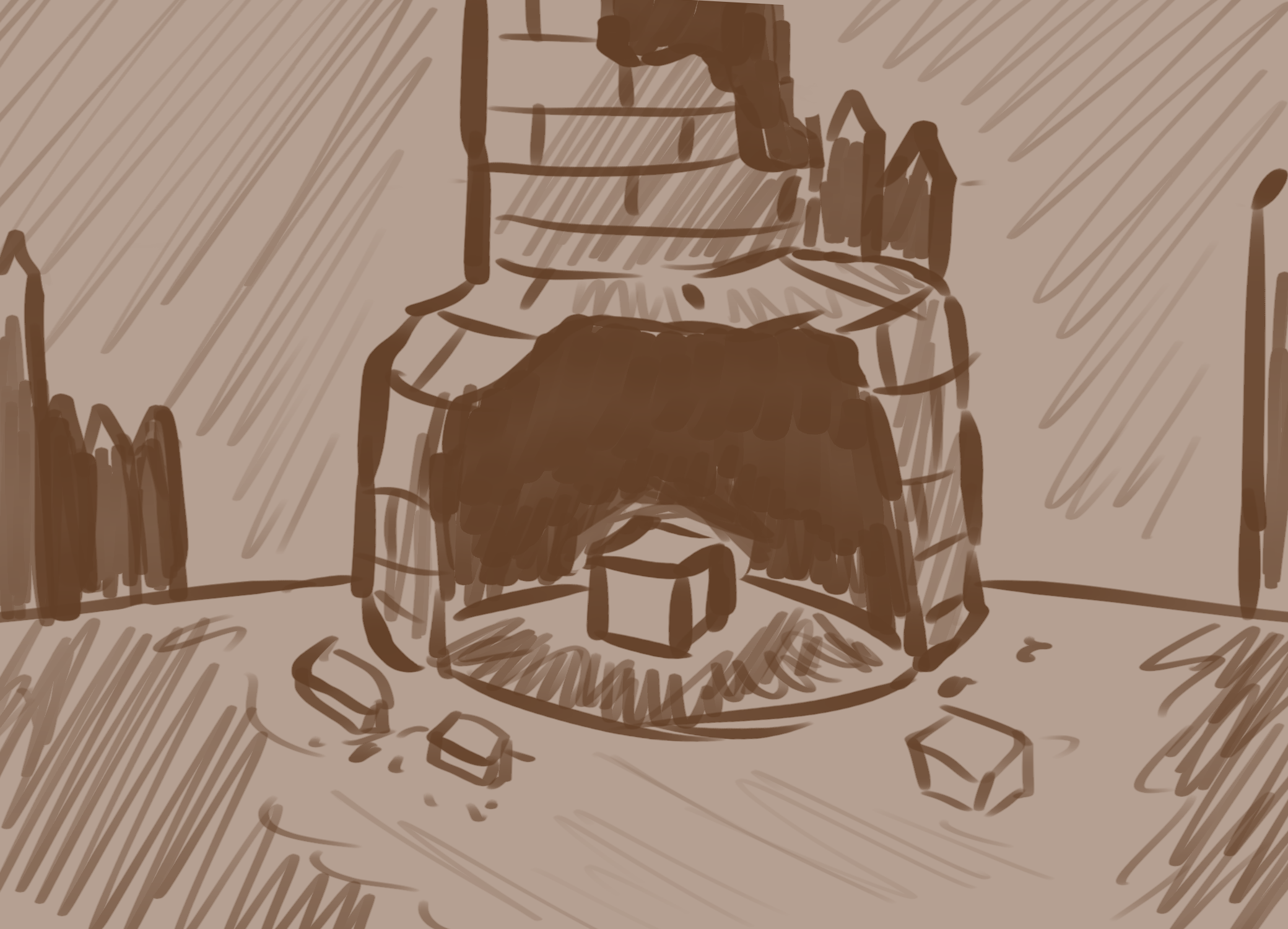 Sketch of a broken down tower with a beacon inside, sepia toned.
