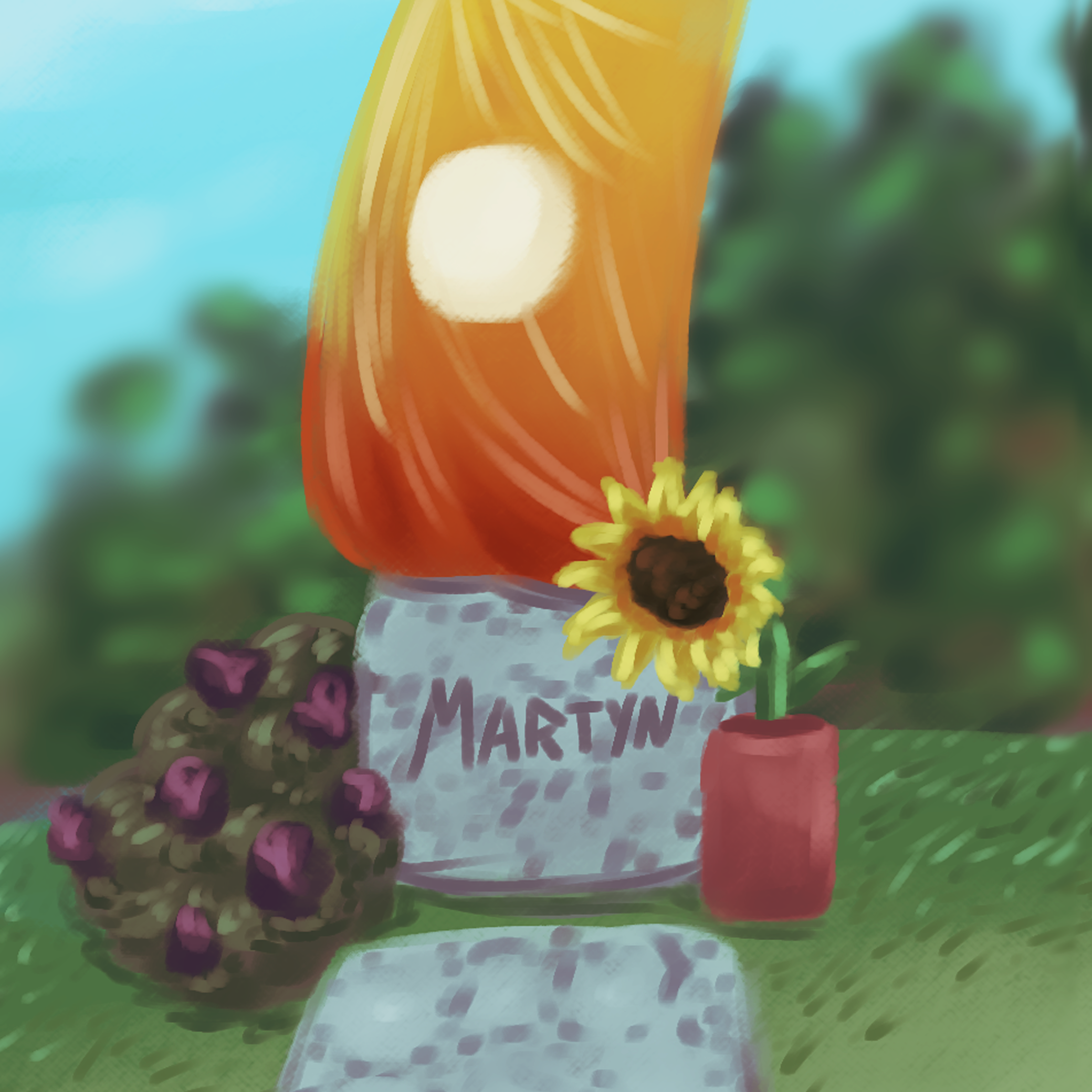 Grave with a sun-themed banner on top of it, a sunflower on the right hand side. The nameplate reads 'Martyn'