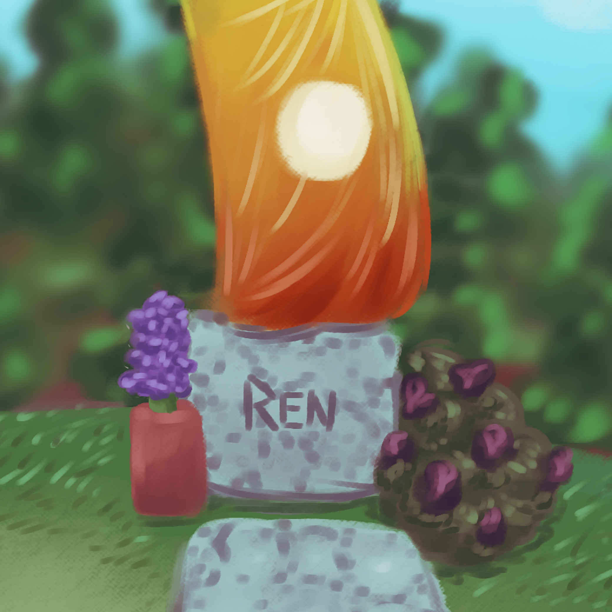 Grave with a sun-themed banner on top of it, lilacs on the left hand side. The nameplate reads 'Ren'