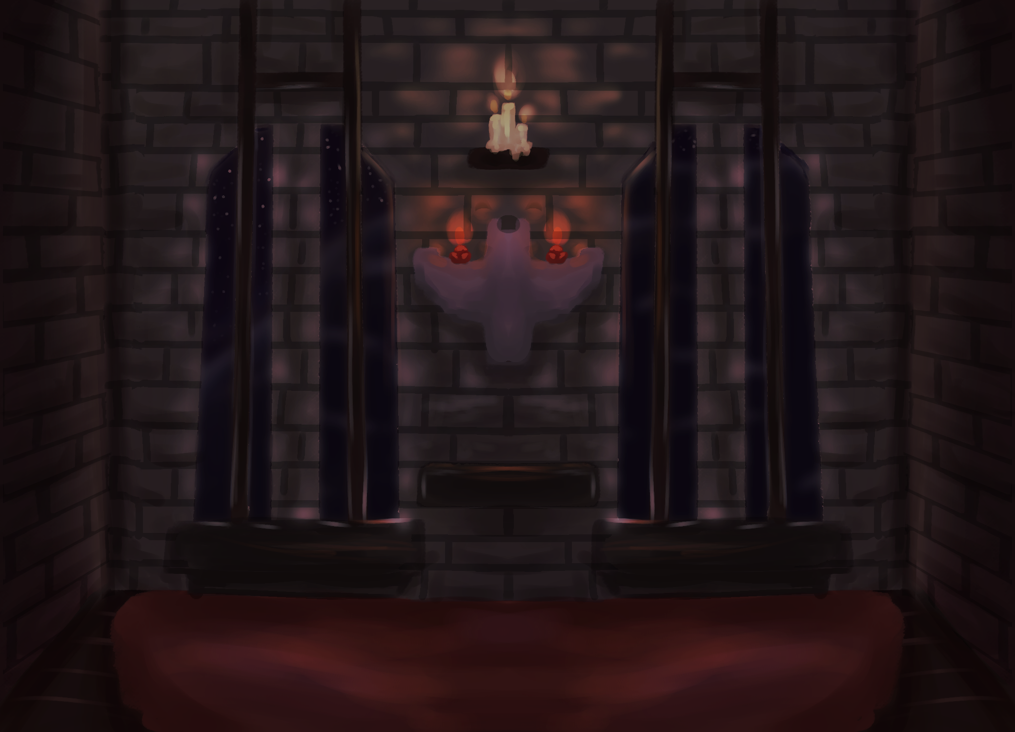 The inside of a dark, moody castle. It is night outside and a few candles dimly illuminate the room.