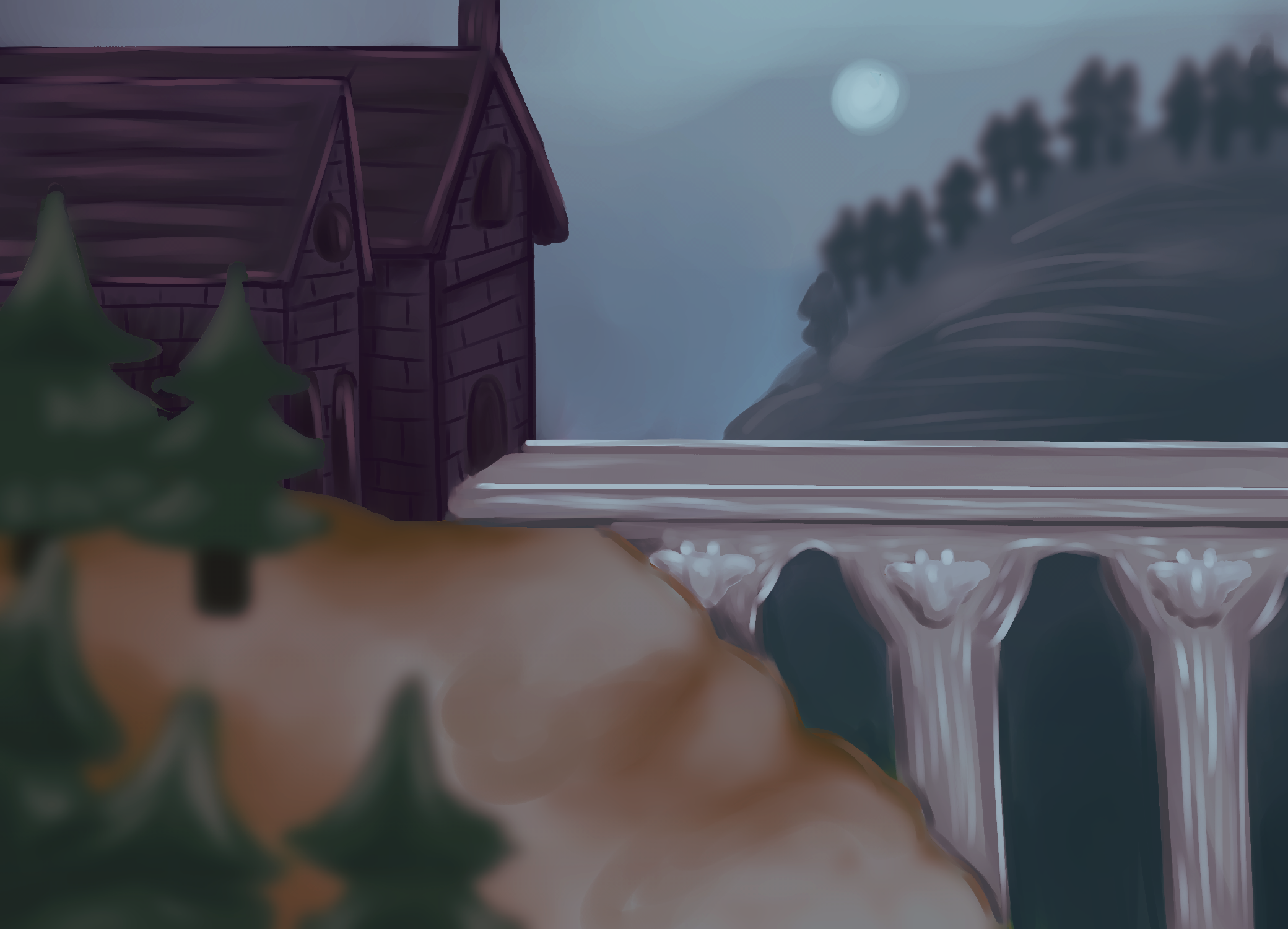 The outside of a dark gothic castle. A bridge connects it to the nearby mountains, and the moon is out.