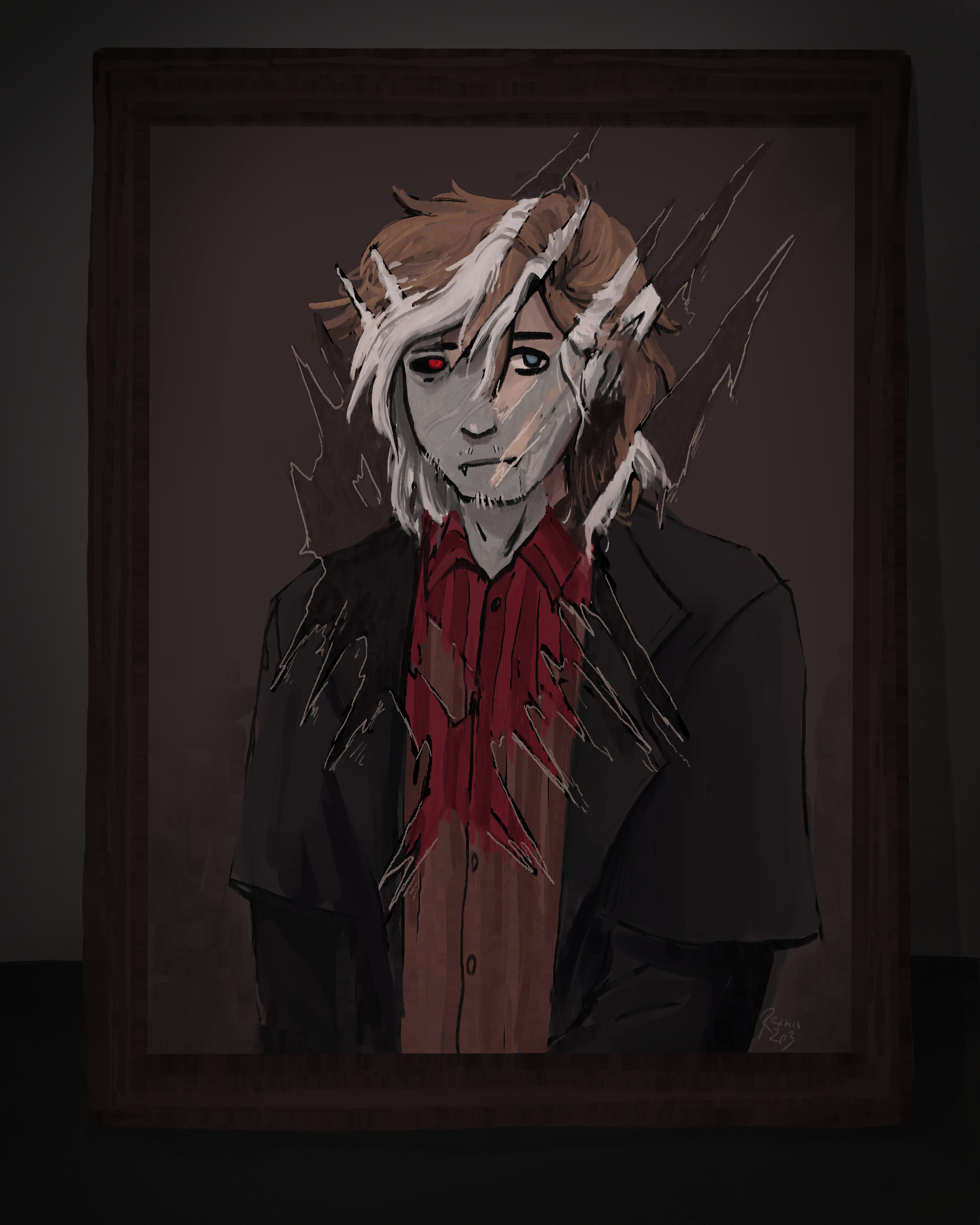 An old painting showing Jack Von Pyroscythe as a human, with brown hair and an uncertain look. Part of the painting is scratched off and reveals his vampire form, with grey skin and white hair.