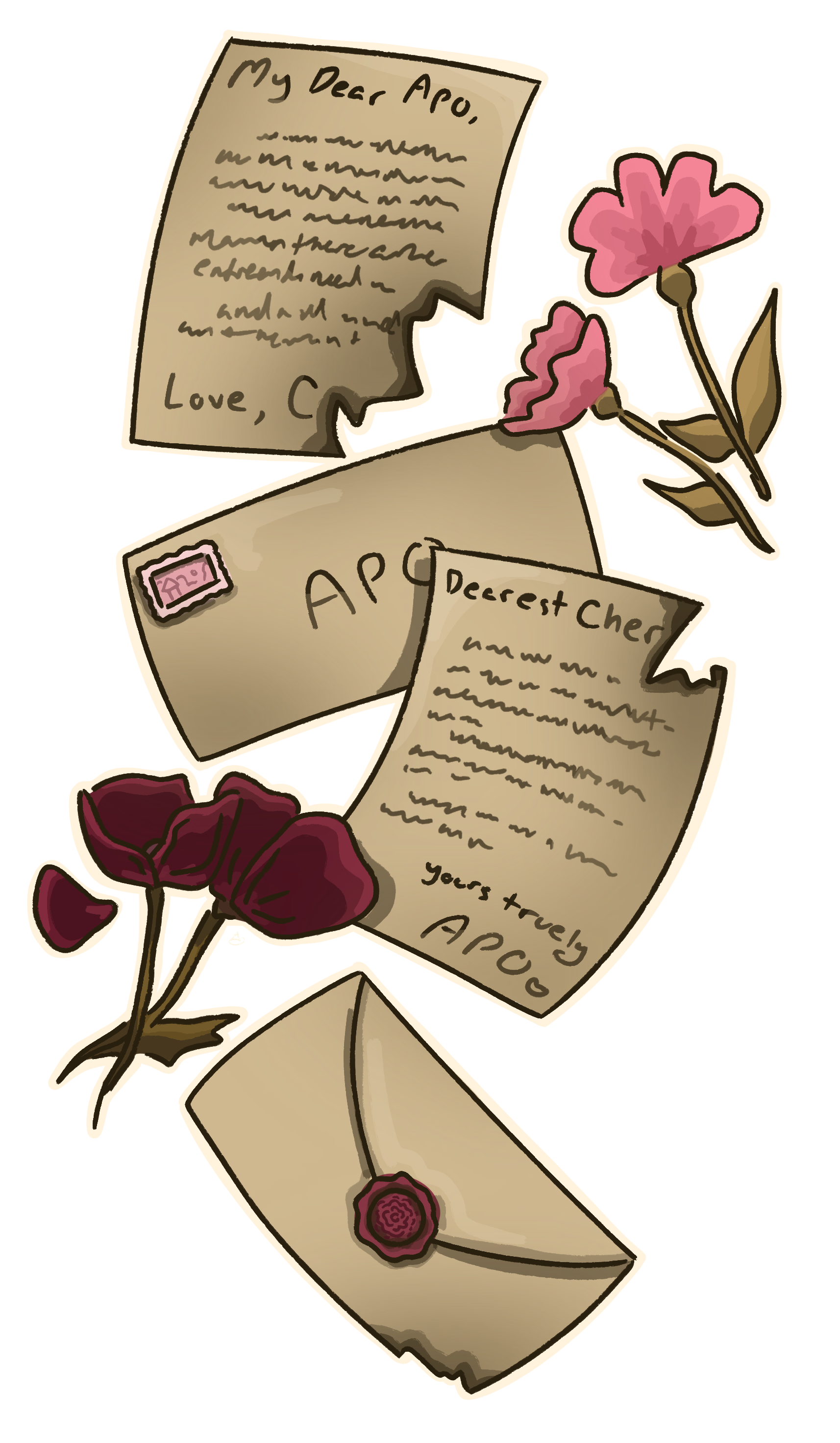 Old letters adressed to Apo and Cherri, pink and red roses surrounding.