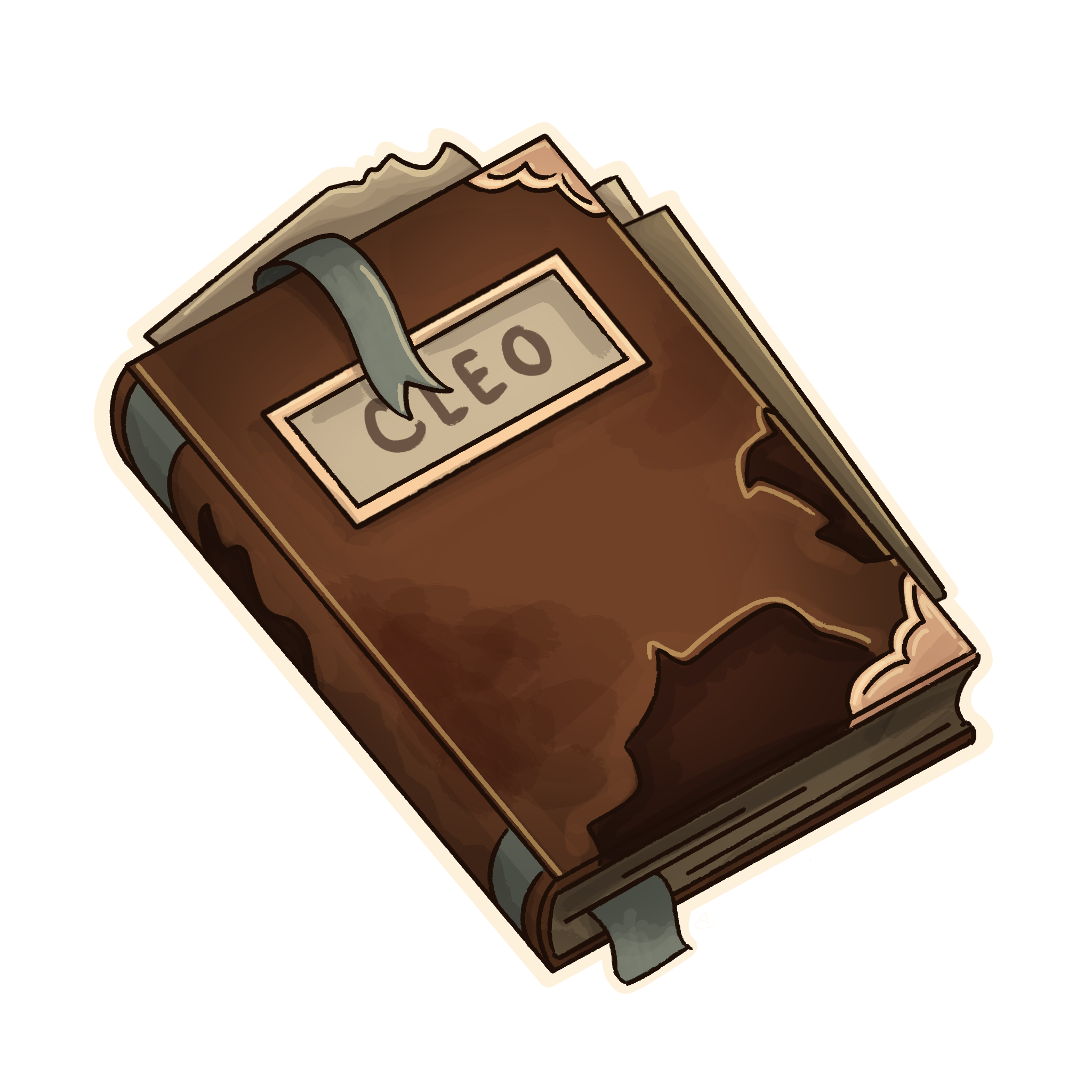 An old book labeled 'Cleo', weathered with a green bookmark.