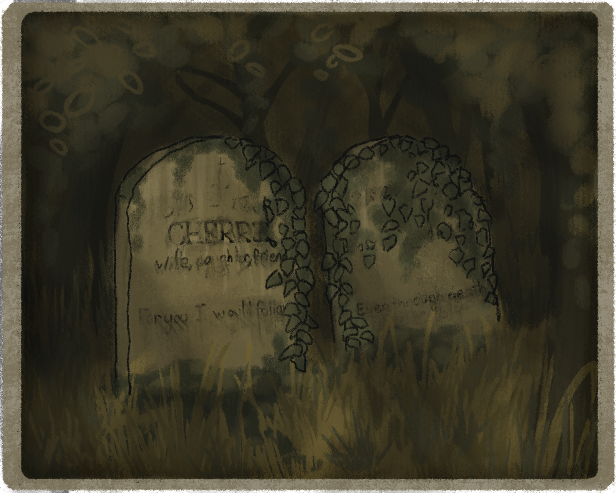 A color photo of two graves, one belonging to Cherri and the other grown over.