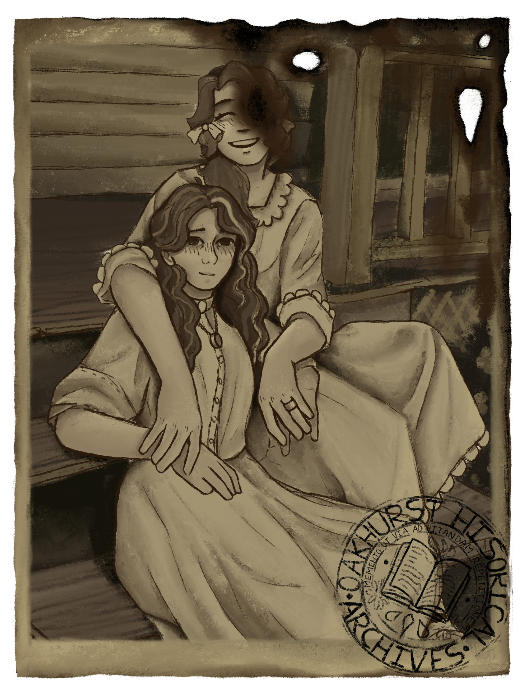 a photo of Apo and Cherri, sitting on the steps of their house after the events of Oakhust. The photo is partially fire damaged, Cherris face is partially obscured.