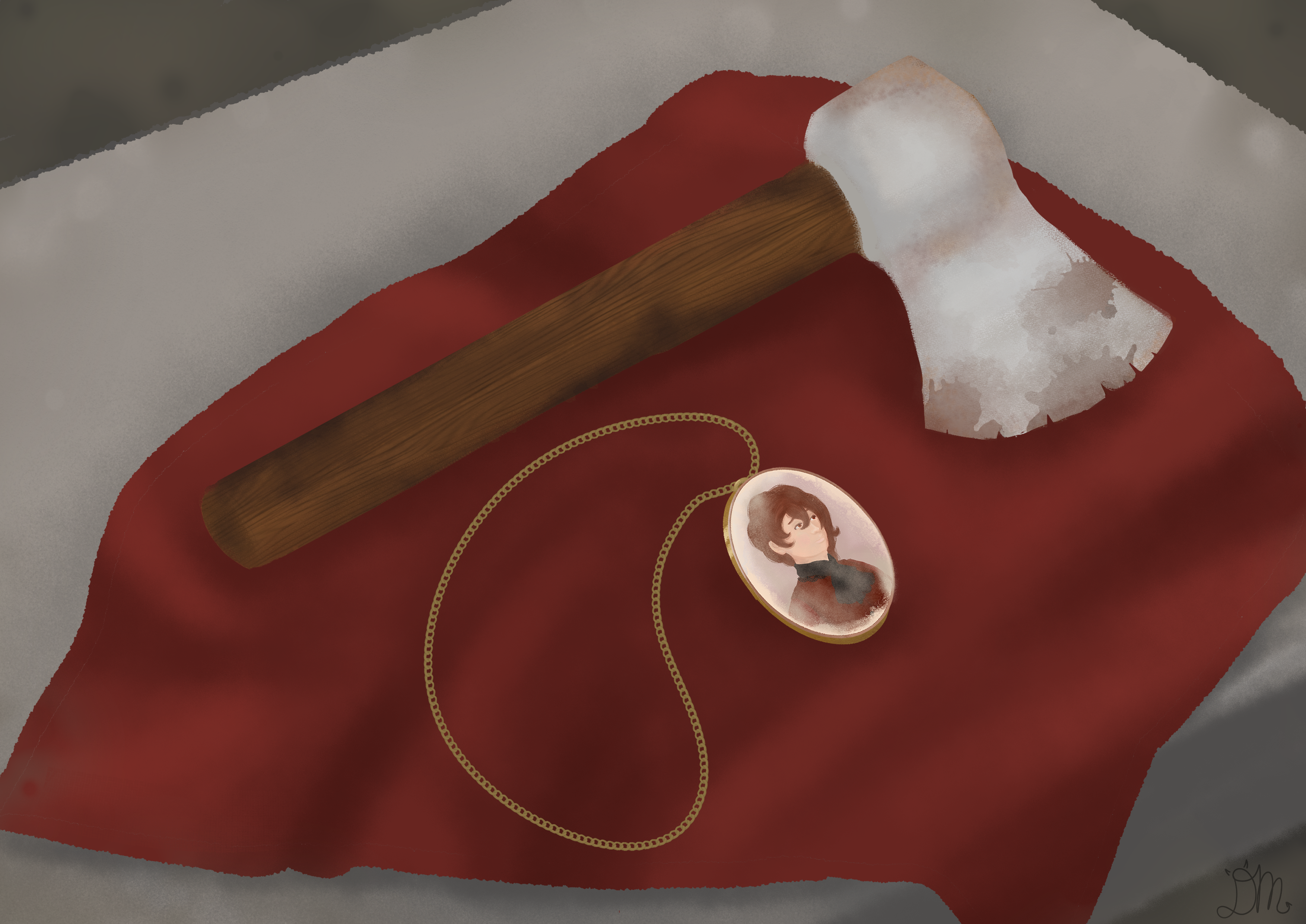 An ivory axe on a red cloth, a necklace with a golden chain next to it. Inside the necklace is a picture of Louis.
