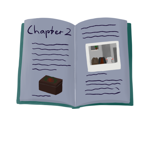 A book that reads 'Chapter 2'. It contains a box with a rose on it and a polaroid picture.