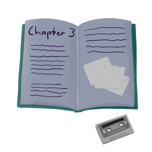 A book that reads 'Chapter 3'. It contains letters and a casette recorder.