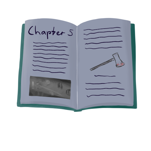 A book that reads 'Chapter 5'. It contains some pictures a cane and an axe.