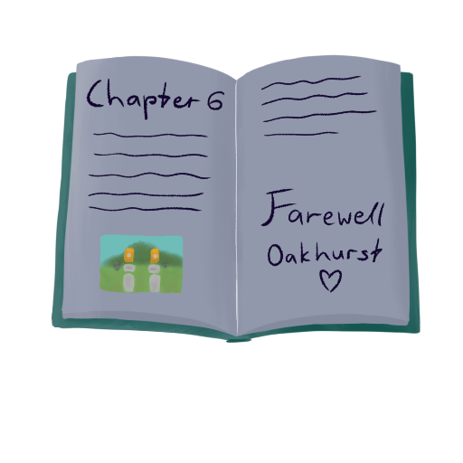 A book that reads 'Chapter 6'. It shows pictures of graves, and has 'Goodybe Oakhurst!' writter down.