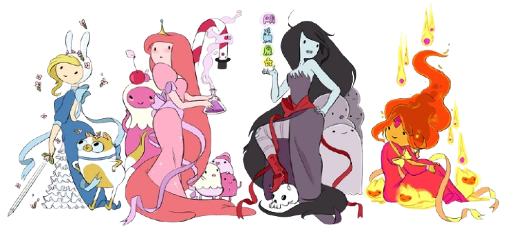art of fionna, princess bubblegum, marceline, and flame princess