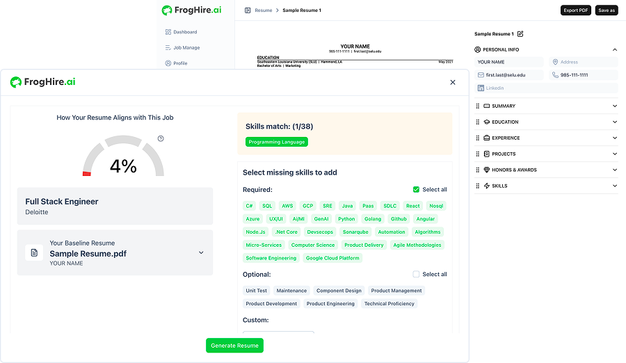 FrogHire AI resume builder generating ATS-optimized resumes