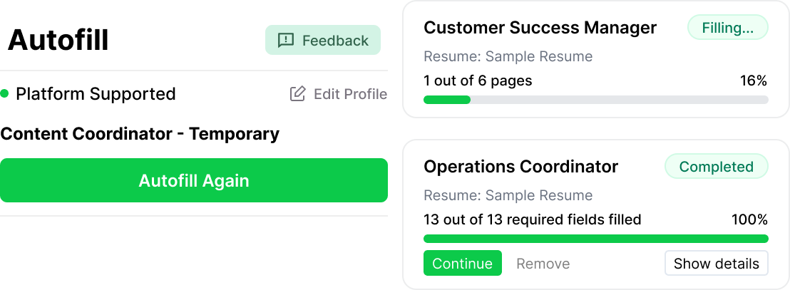 FrogHire one-click autofill completing job application forms automatically