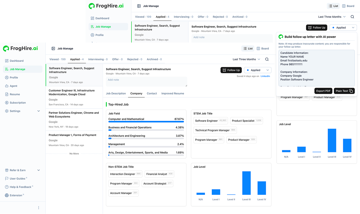 FrogHire job application tracker with interview prep and follow-up tools